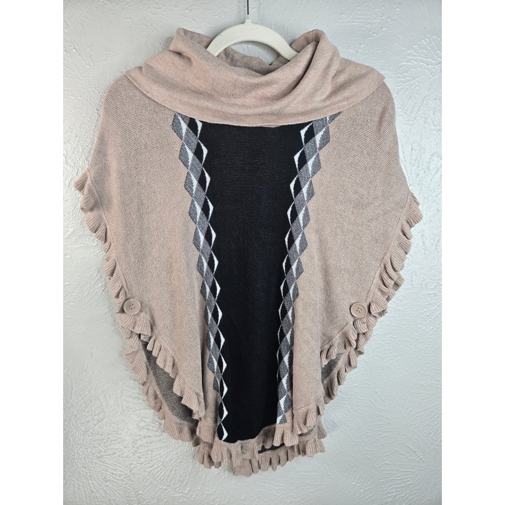 Cowl Neck Pullover Poncho Sweater M Geometric Print Knit Lagenlook Layering Top